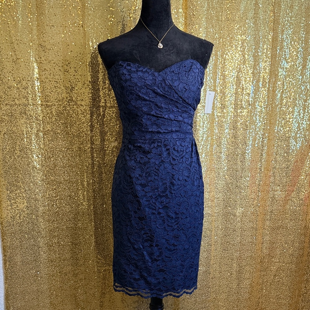 David's Bridal Strapless Navy Lace Dress